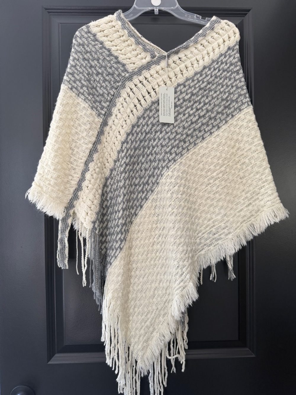 Neutral Cream and Gray Textured Knit Poncho with Fringe